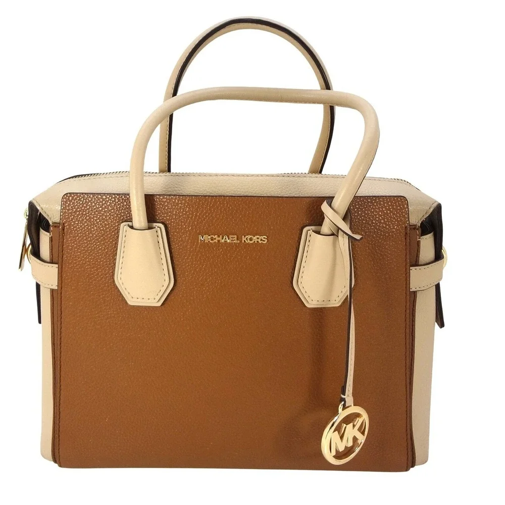 Michael Kors Mercer Medium Colorblock Pebbled Leather Satchel Brown Cream Gold